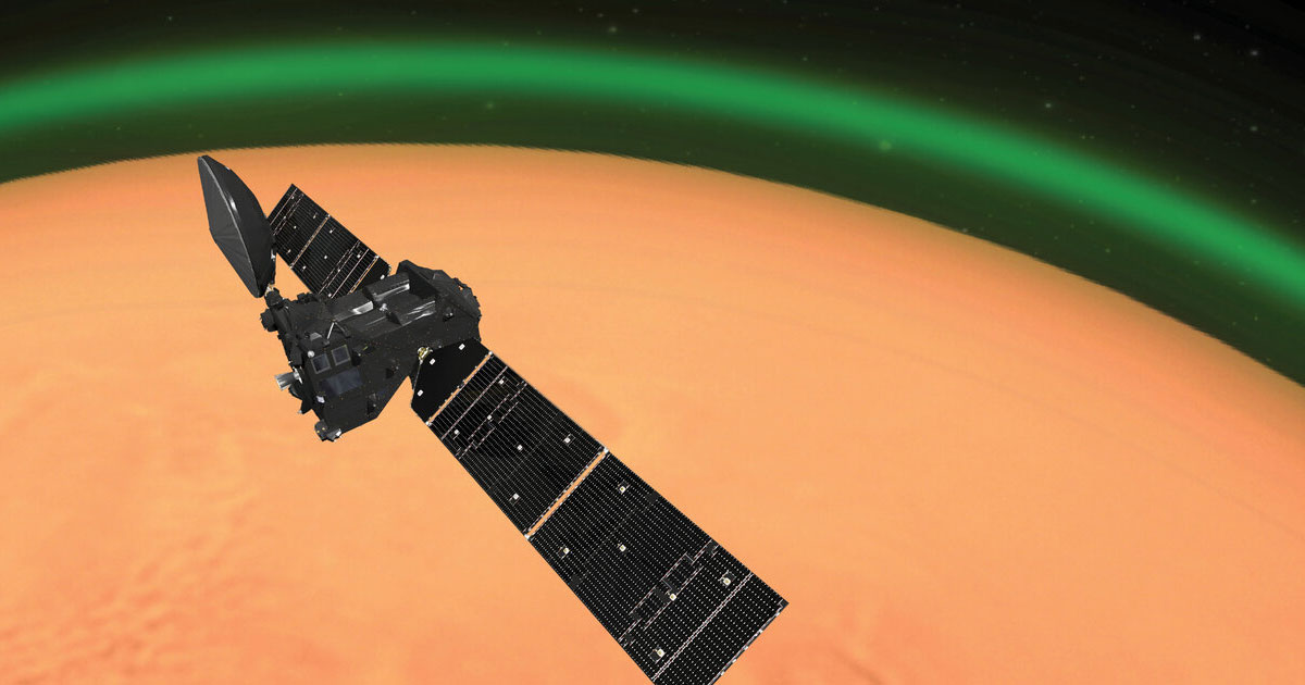 Mars surrounded by a unique green glow due to oxygen