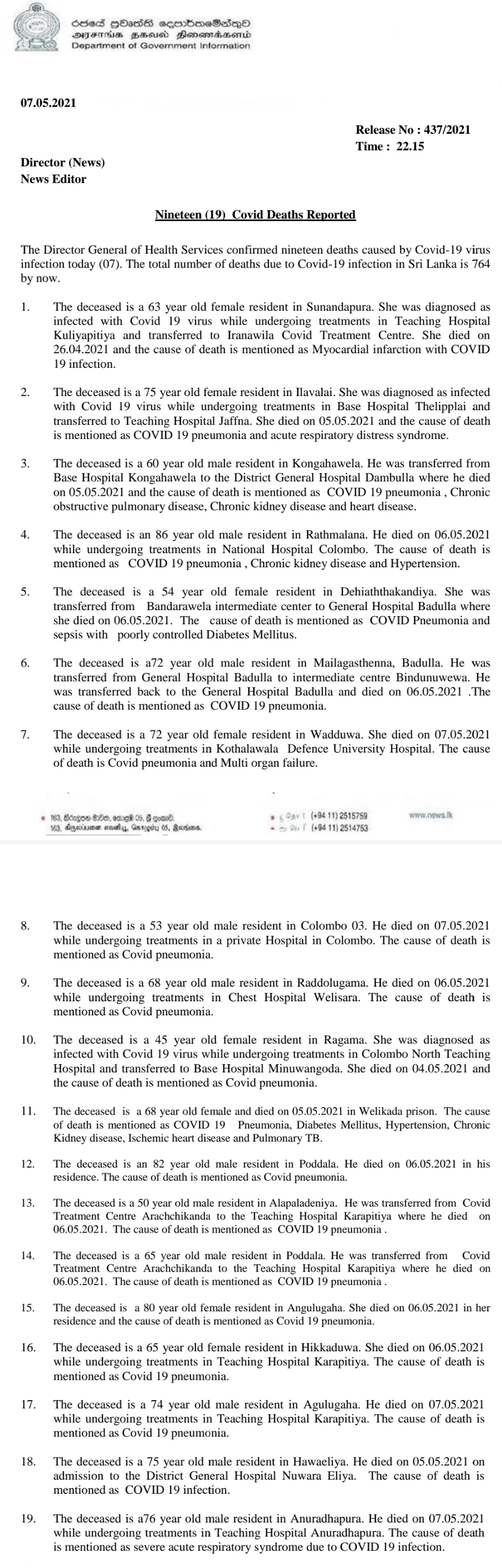 SL highest number of Covid-19 related deaths in a day