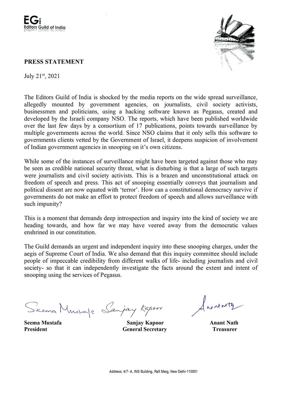 Editors Guild of India demands Supreme Court-monitored probe into Pegasus phone tapping allegation